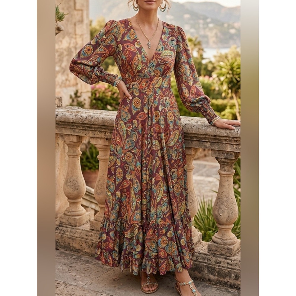 ME 2 Magic Paisley Floral Boho Maxi Dress Burgundy V-Neck Smocked Waist Medium